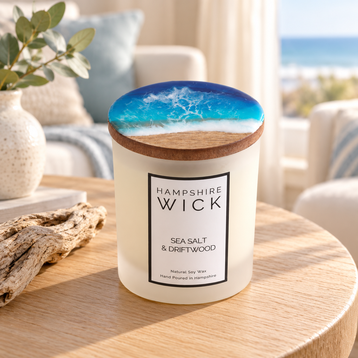 Ocean-Inspired Wooden Candle Lid Resin Art