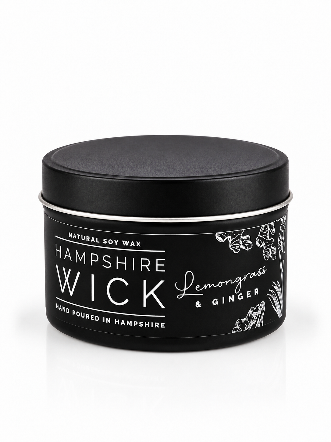 A black tin of Hampshire Wick Lemongrass & Ginger natural soy wax, shown on a clean white background with a subtle reflection.