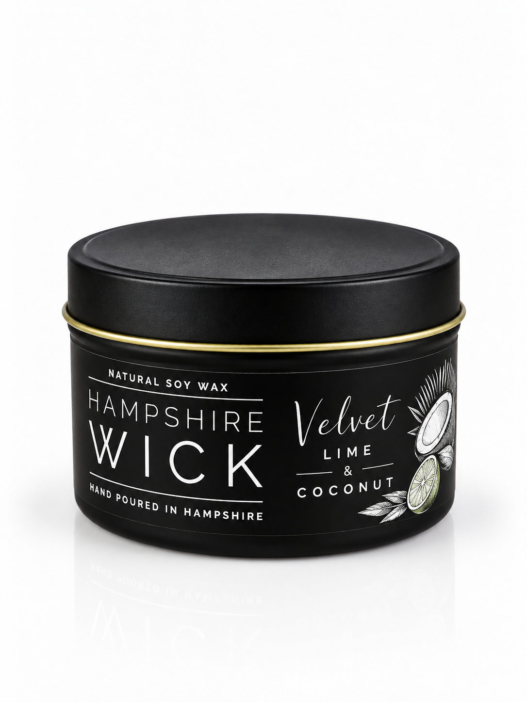 A black tin of Hampshire Wick natural soy wax velvet lime & coconut, featuring a gold band around the lid and white text on the front label, set against a clean white background.